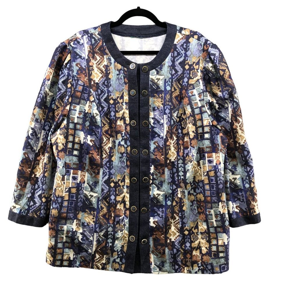Vintage Mixed Print Wacky Sweatshirt Cardigan Womens L/XL Blue Multicolor Women